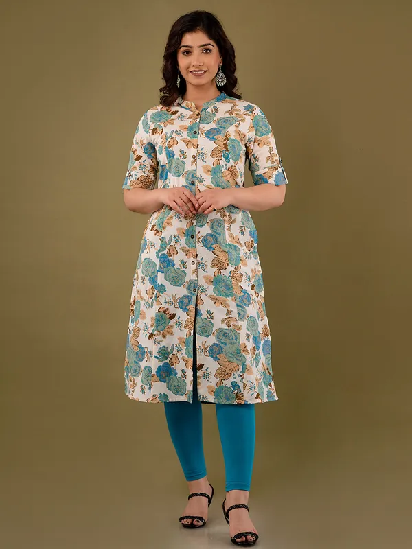 Teal blue and cream cotton kurti