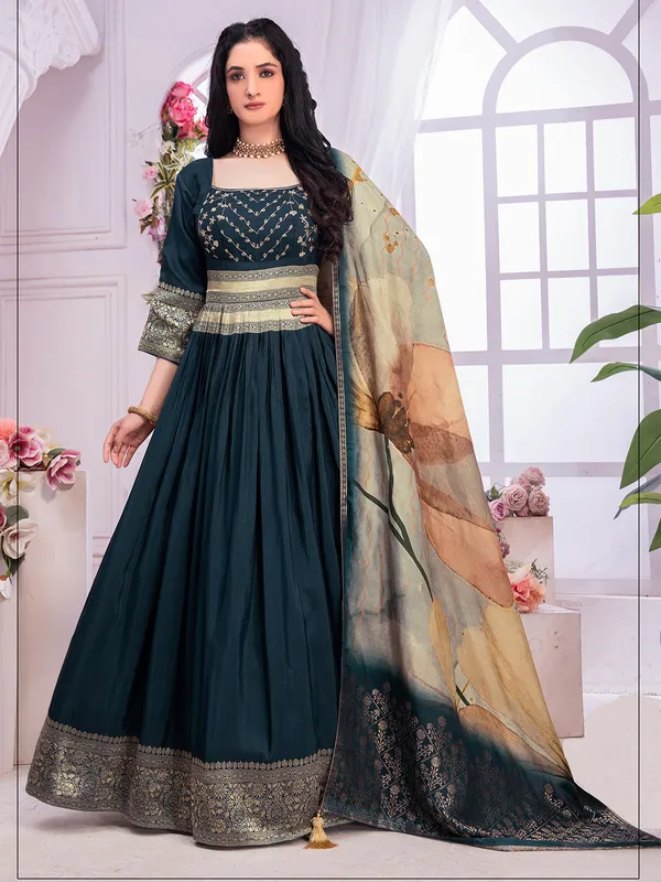 Teal blue banarasi silk anarkali suit