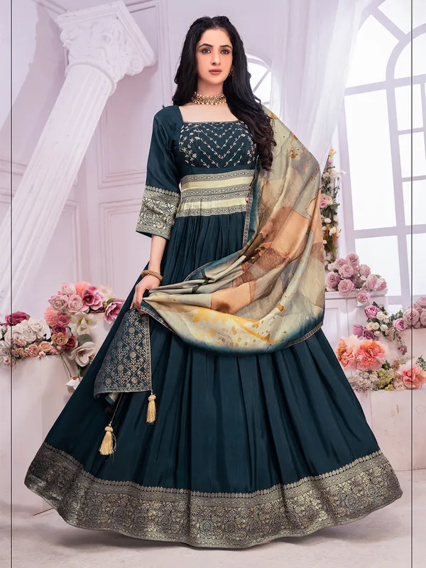 Teal blue banarasi silk anarkali suit