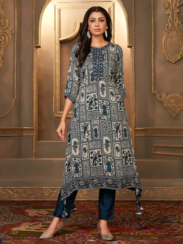 Teal blue chinon chiffon a line kurti