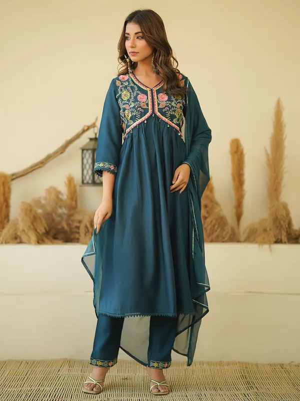 Teal blue cotton alia cut kurti set
