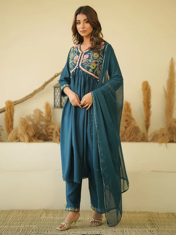 Teal blue cotton alia cut kurti set