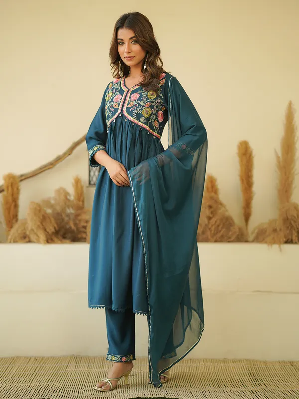 Teal blue cotton alia cut kurti set