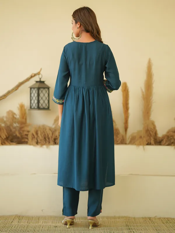 Teal blue cotton alia cut kurti set