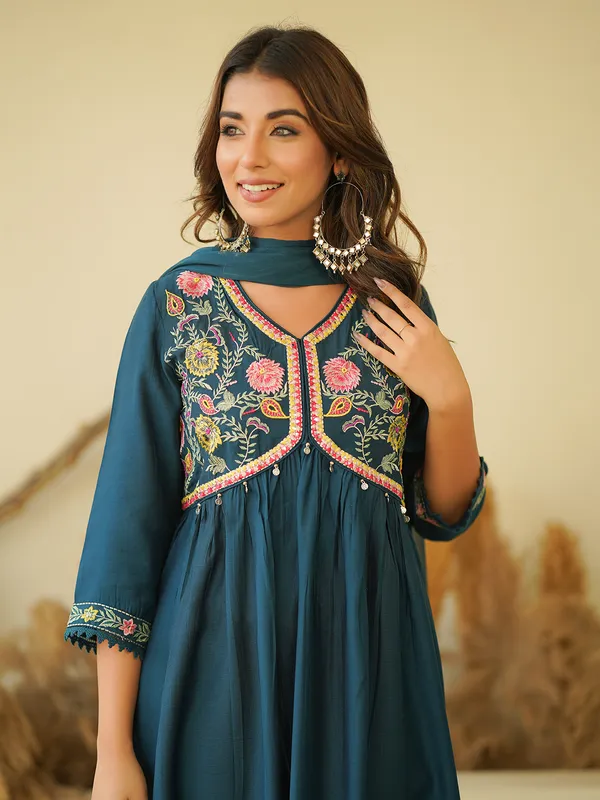 Teal blue cotton alia cut kurti set