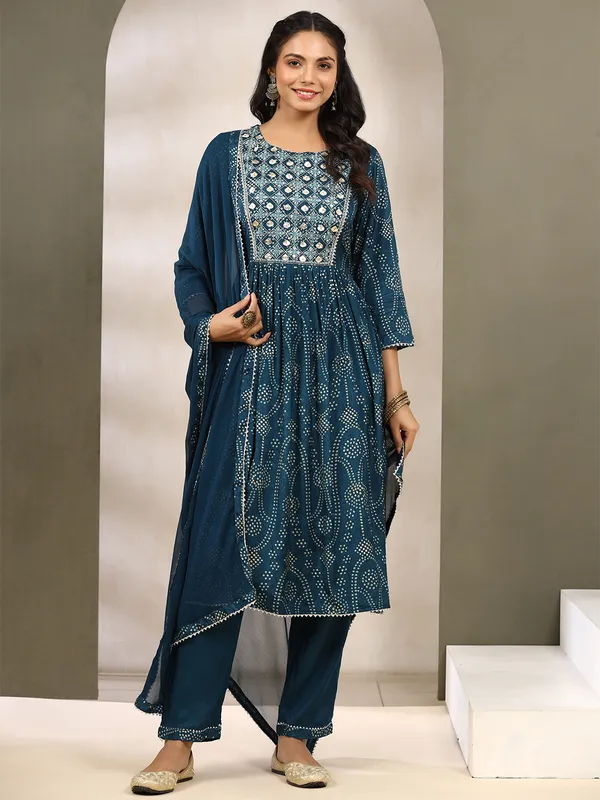 Teal blue cotton casual printed kurti set