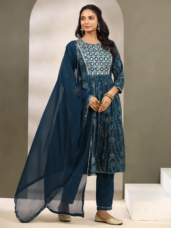 Teal blue cotton casual printed kurti set
