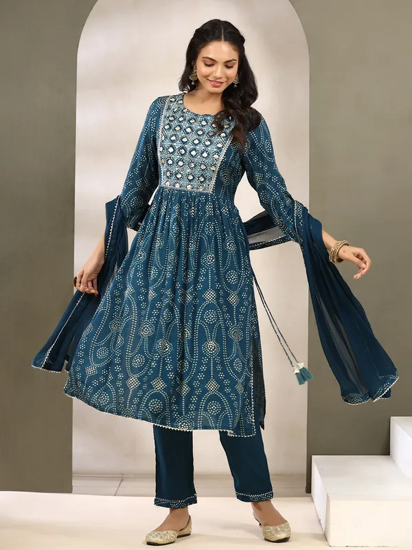 Teal blue cotton casual printed kurti set