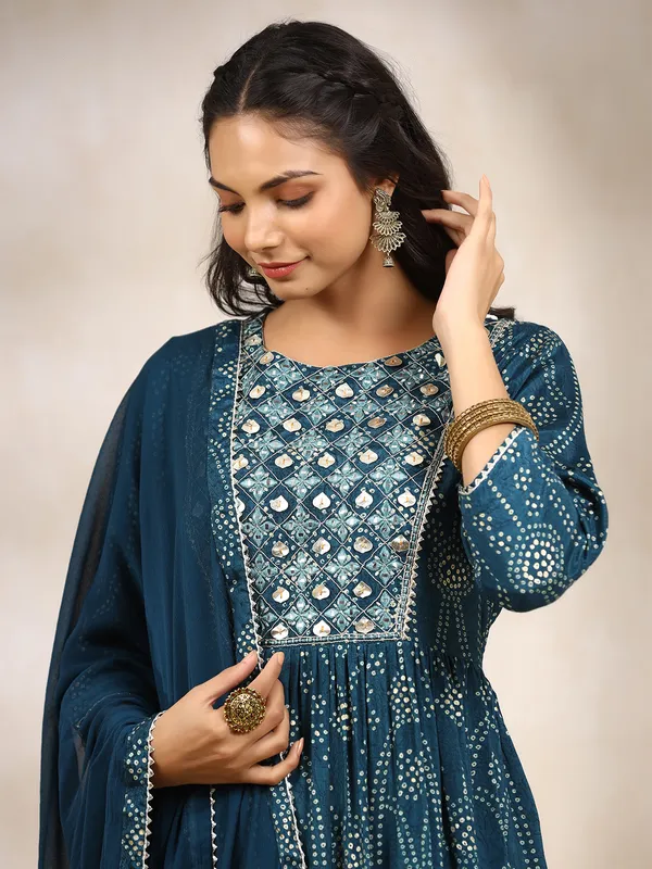Teal blue cotton casual printed kurti set