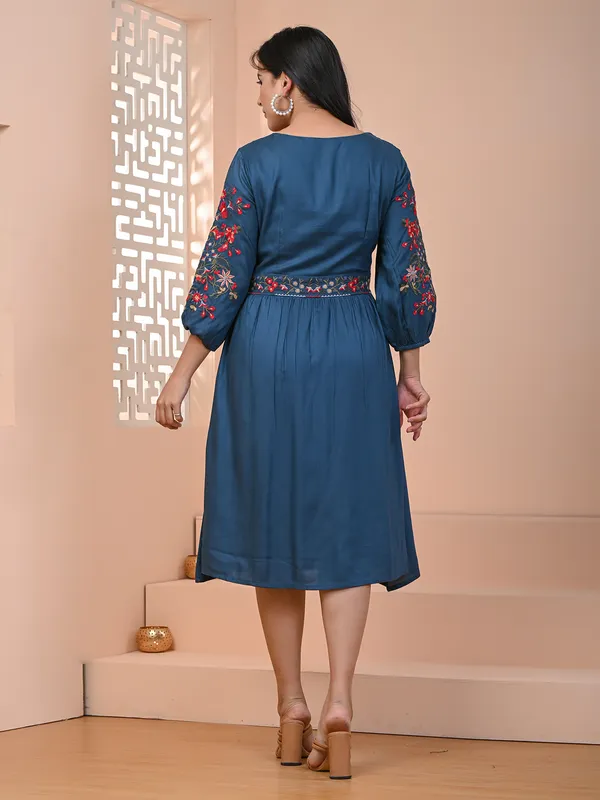 Teal blue cotton embroidery kurti