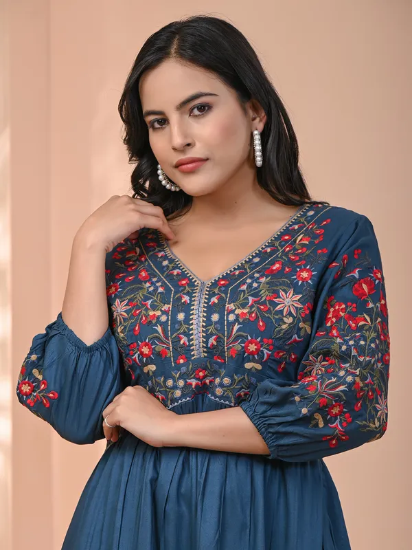 Teal blue cotton embroidery kurti