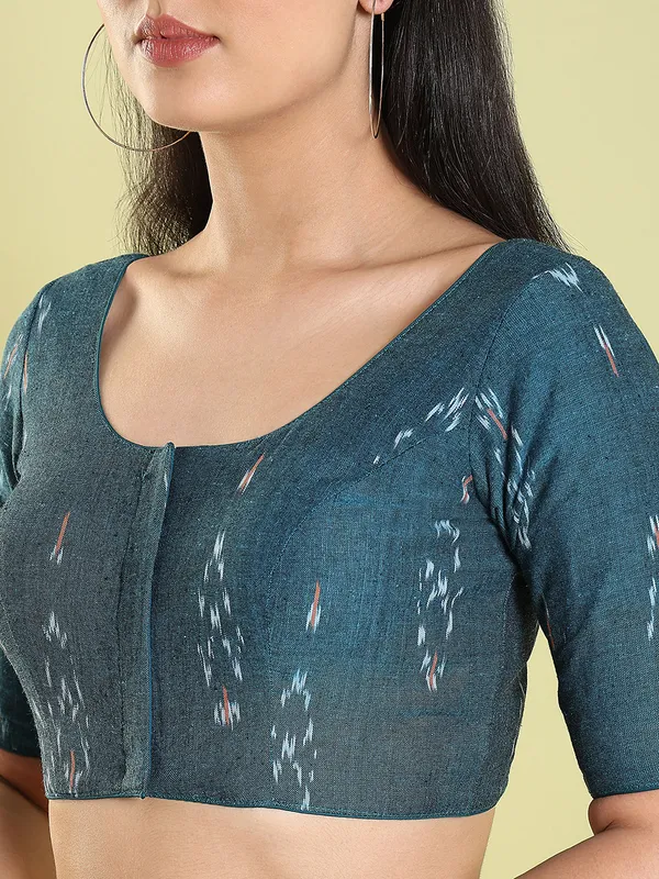 Teal blue cotton ikat printed blouse