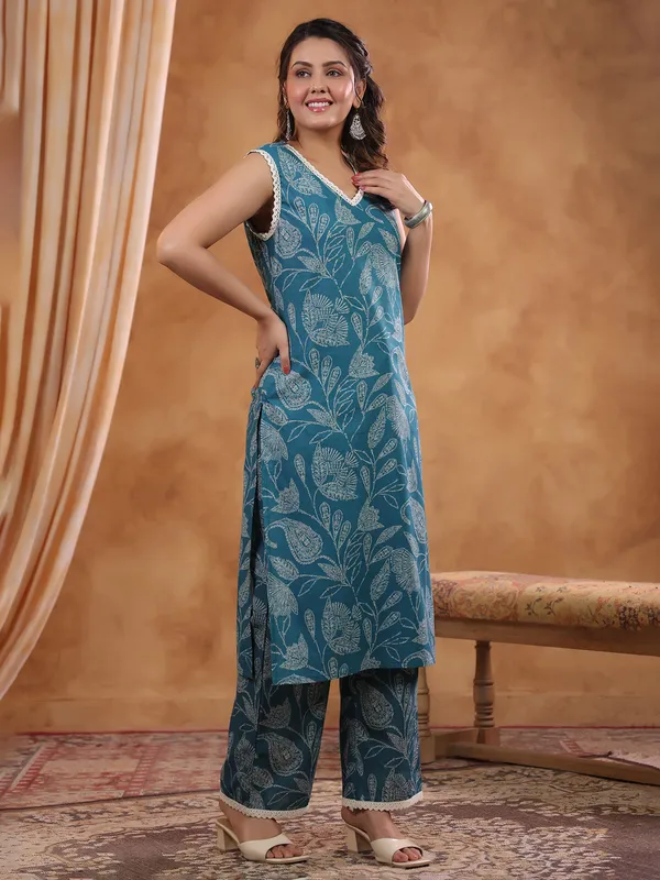 Teal Blue cotton kurti set for women