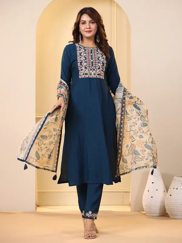 Teal blue cotton kurti set with dupatta