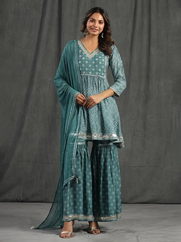 Teal blue cotton printed sharara set
