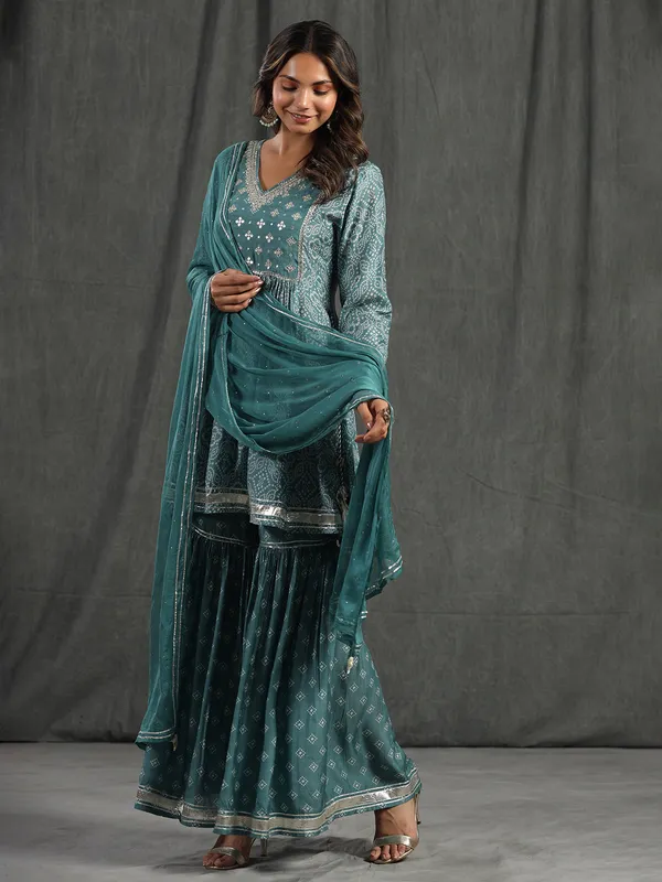 Teal blue cotton printed sharara set