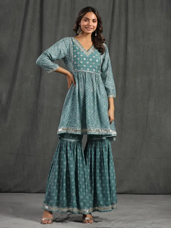 Teal blue cotton printed sharara set