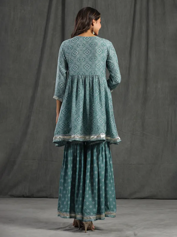Teal blue cotton printed sharara set