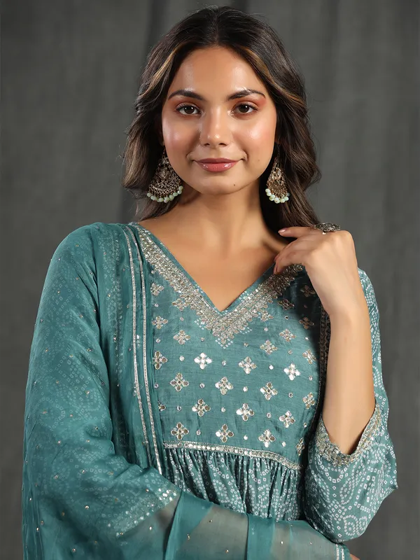 Teal blue cotton printed sharara set