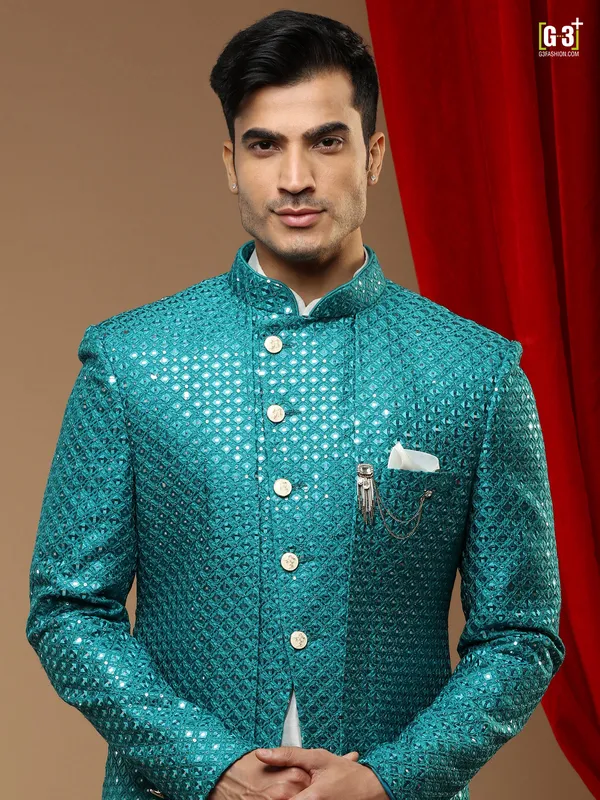 Teal blue cotton silk wedding occasions indowestern for men