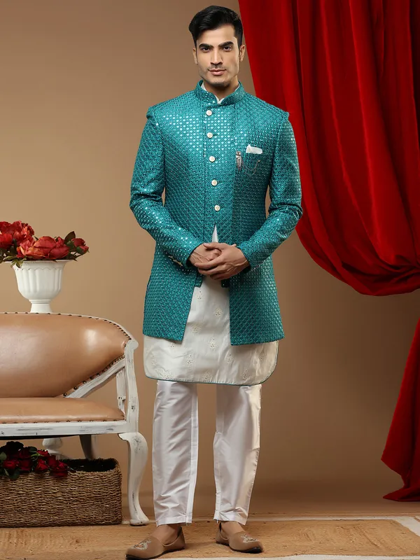 Teal blue cotton silk wedding occasions indowestern for men
