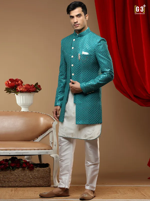 Teal blue cotton silk wedding occasions indowestern for men