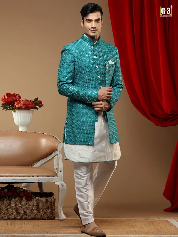 Teal blue cotton silk wedding occasions indowestern for men