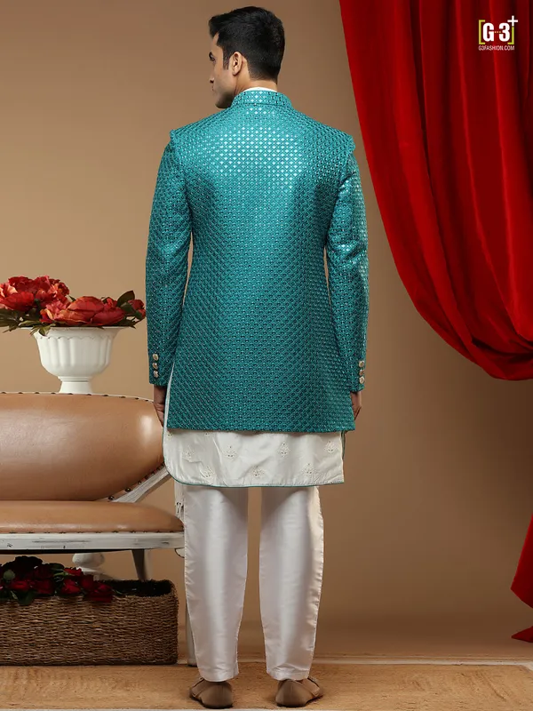 Teal blue cotton silk wedding occasions indowestern for men