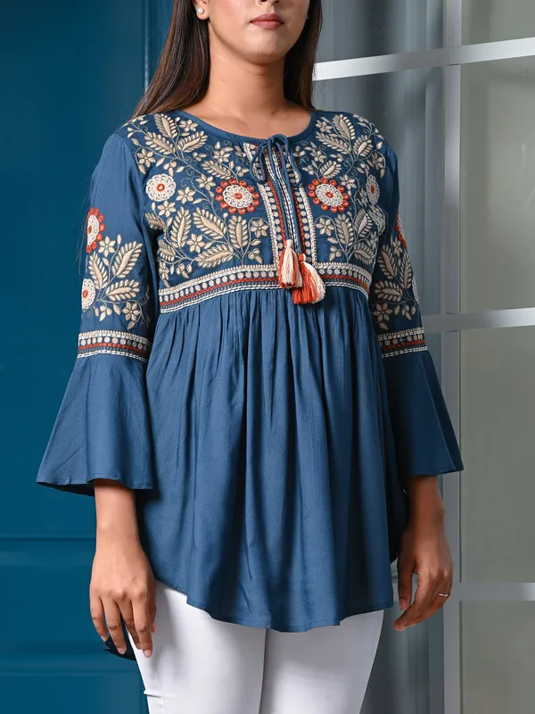 Teal blue cotton tunic top