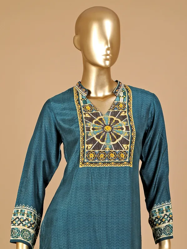 Teal blue crepe printed pant set