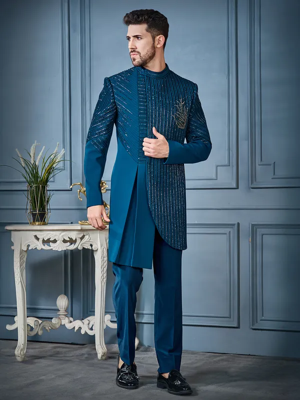 Teal blue designer indo western in rayon fabric