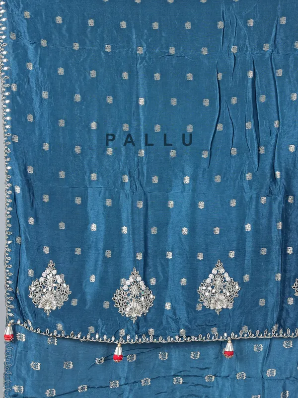 Teal blue dola silk saree with contrast red blouse