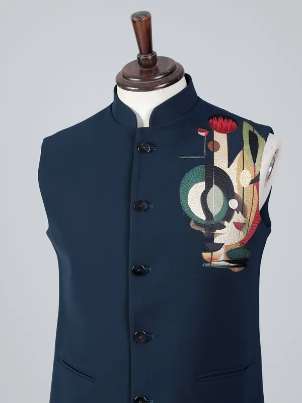 Rama blue embroidered terry rayon waistcoat