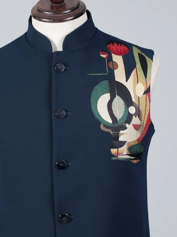 Rama blue embroidered terry rayon waistcoat