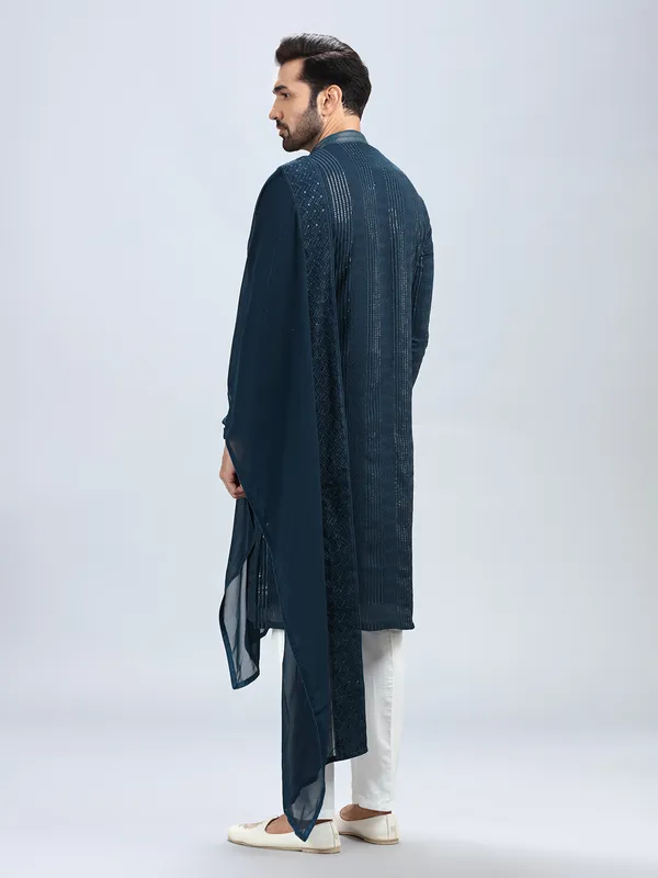 Teal blue embroidery kurta set with dupatta for men
