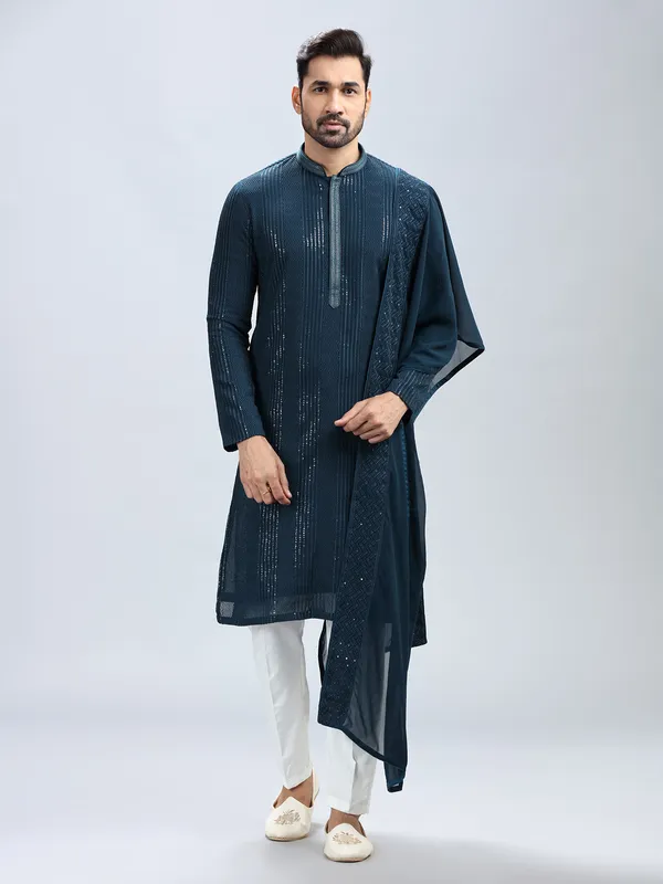 Teal blue embroidery kurta set with dupatta for men