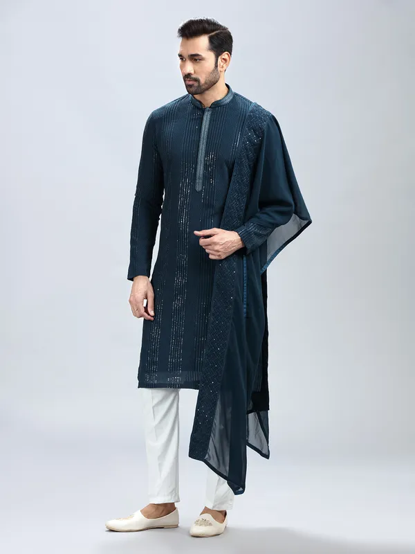 Teal blue embroidery kurta set with dupatta for men