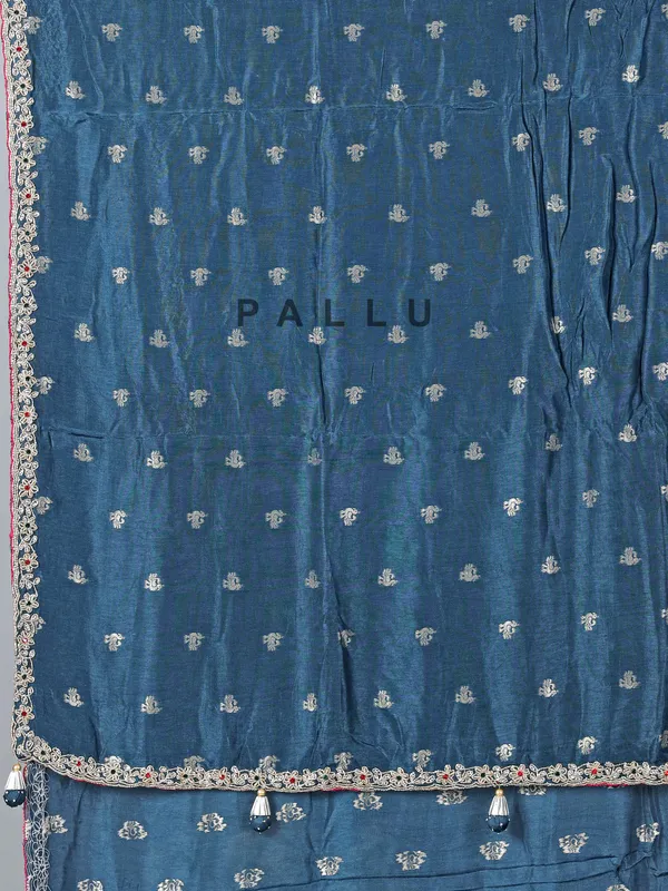 Teal blue festive wear dola silk saree with contrast pink blouse