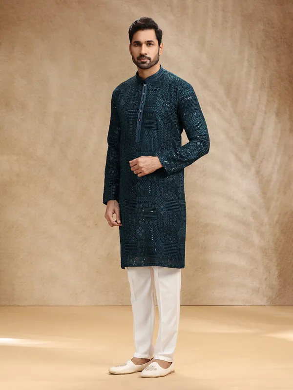 Teal blue georgette men festive kurta pajama