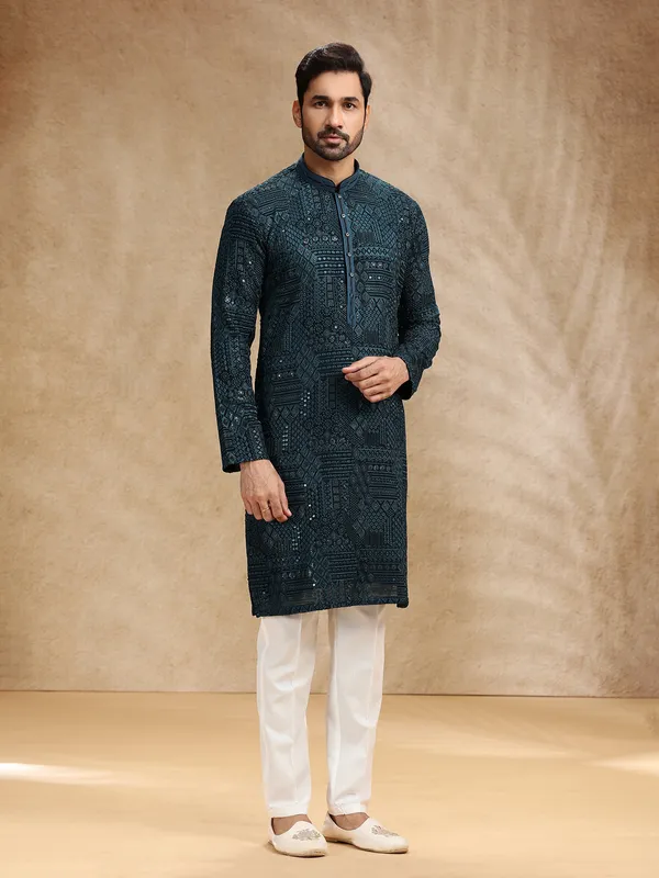 Teal blue georgette men festive kurta pajama