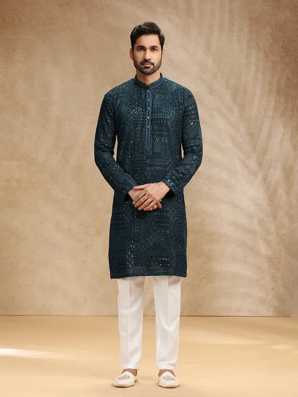 Teal blue georgette men festive kurta pajama