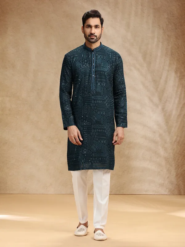 Teal blue georgette men festive kurta pajama