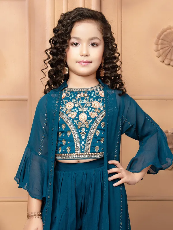 Teal blue georgette palazzo set with shrug