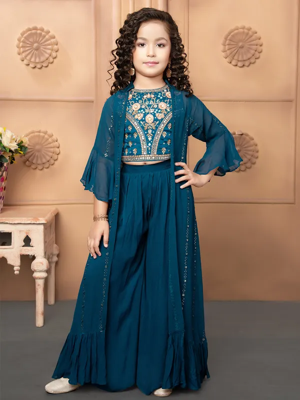 Teal blue georgette palazzo set with shrug