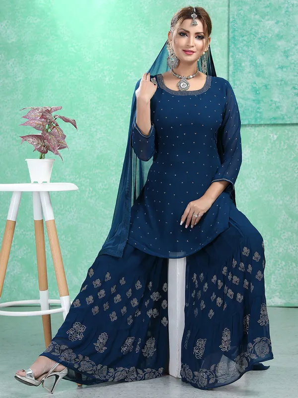 Teal blue georgette sharara suit with swarovski work