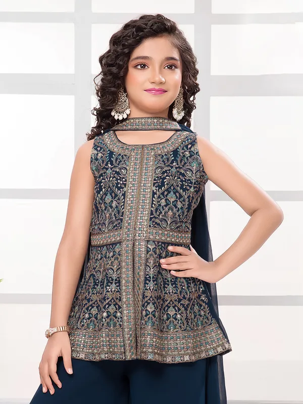 Teal blue georgette sleeveless palazzo salwar suit