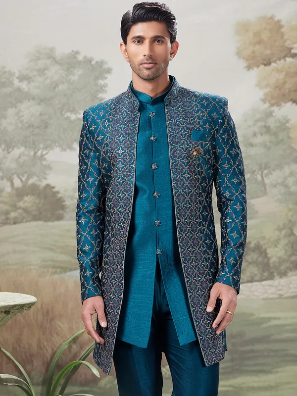 Teal blue indo western for wedding functions