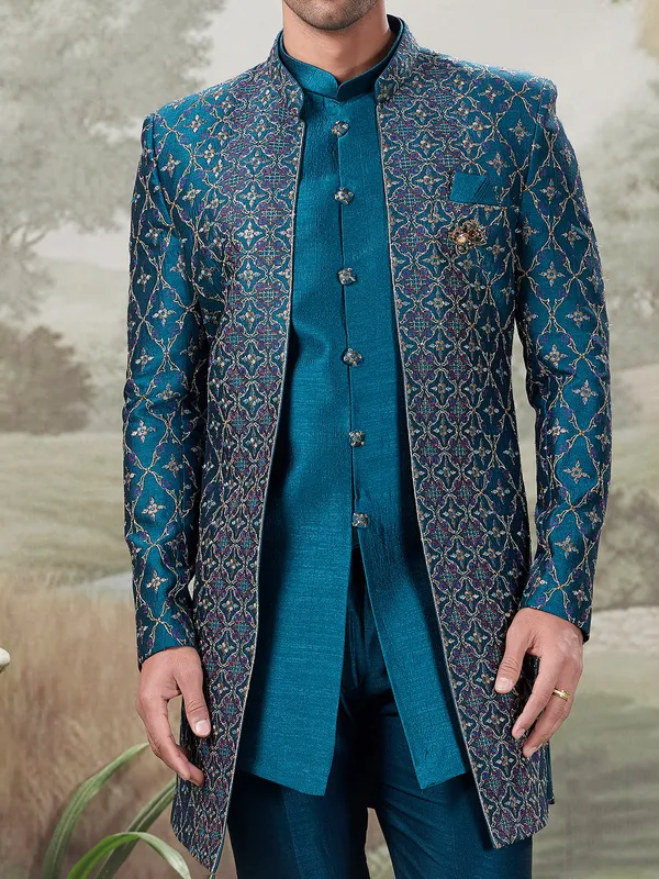 Teal blue indo western for wedding functions