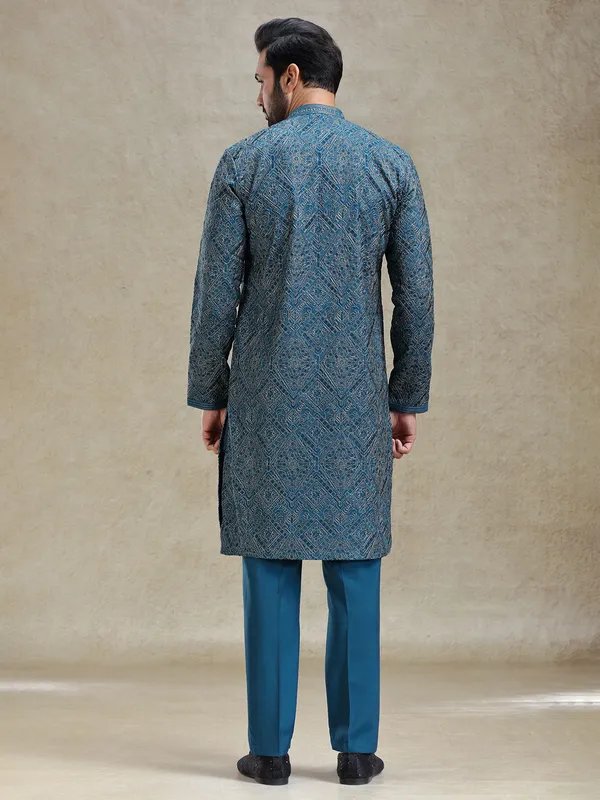 Teal blue kurta set with aabla and embroidery work on yock