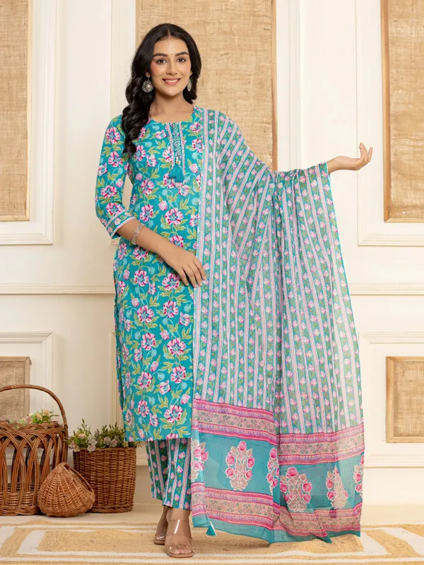 Teal blue kurti set with dupatta